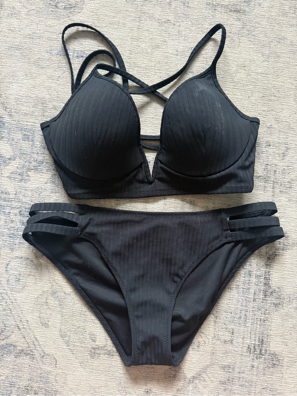 Shade & Shore Black Ribbed Strappy Bikini Set